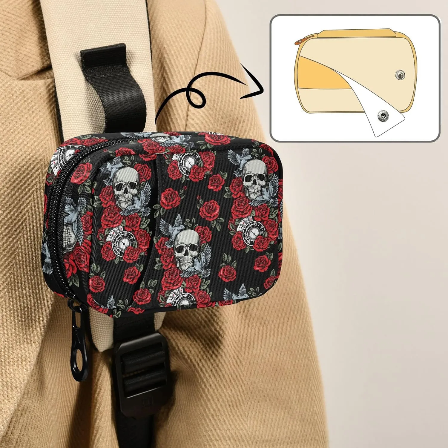 Travel Pill Organizer Bag Weekly Pill Organizer Case Skull Rose Clock Pigeon Portable Small Daily Pill Boxes for Vitamin Fish Oils Supplement Holder with Zipper Compact Size