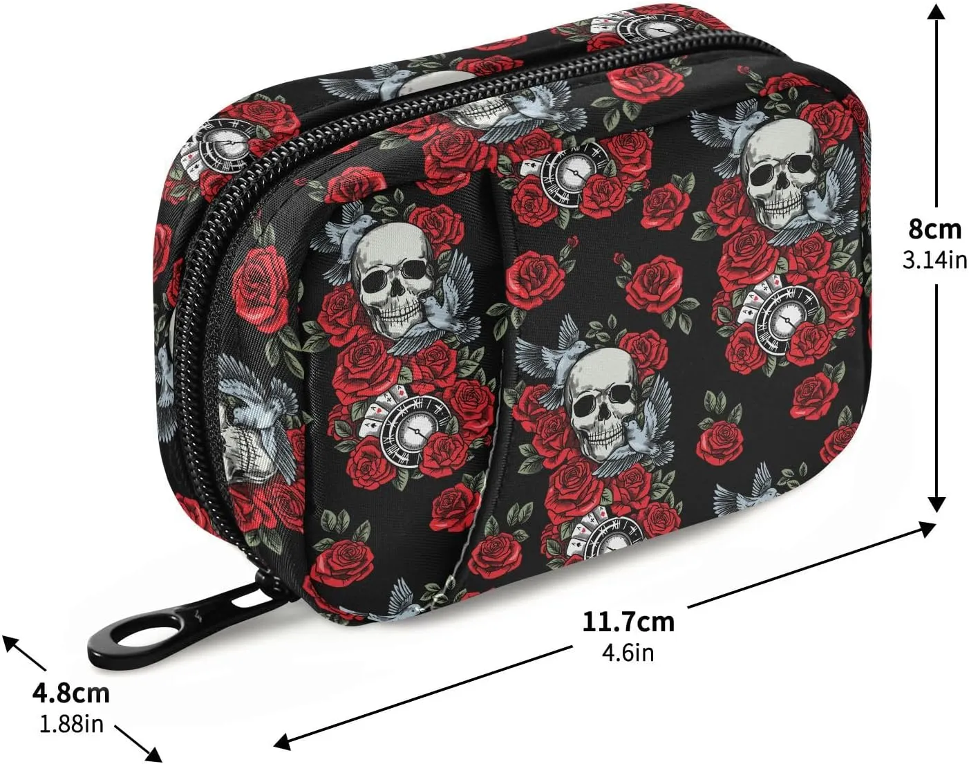 Travel Pill Organizer Bag Weekly Pill Organizer Case Skull Rose Clock Pigeon Portable Small Daily Pill Boxes for Vitamin Fish Oils Supplement Holder with Zipper Compact Size