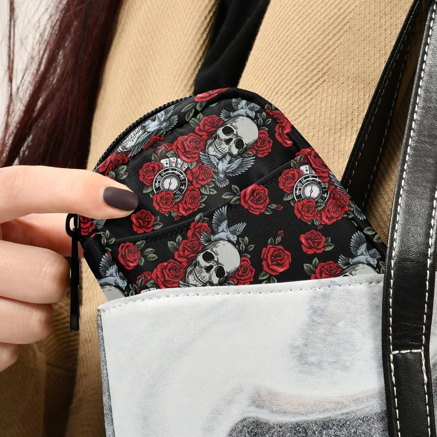Travel Pill Organizer Bag Weekly Pill Organizer Case Skull Rose Clock Pigeon Portable Small Daily Pill Boxes for Vitamin Fish Oils Supplement Holder with Zipper Compact Size