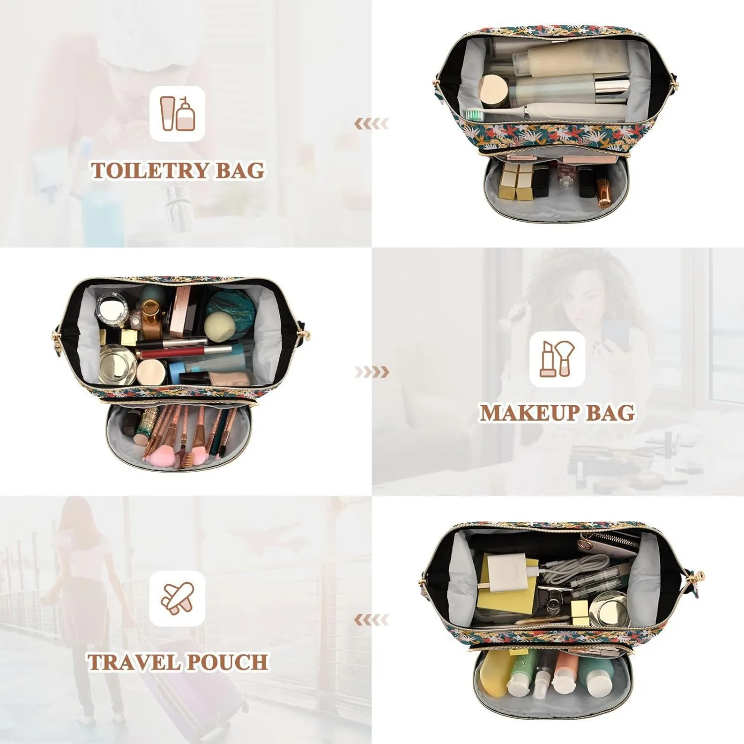 Travel Quilted Makeup Bag Toiletry Organizer Pouch Storage Make Up Bag Large Quilted Cosmetic Bag Wide Open T1