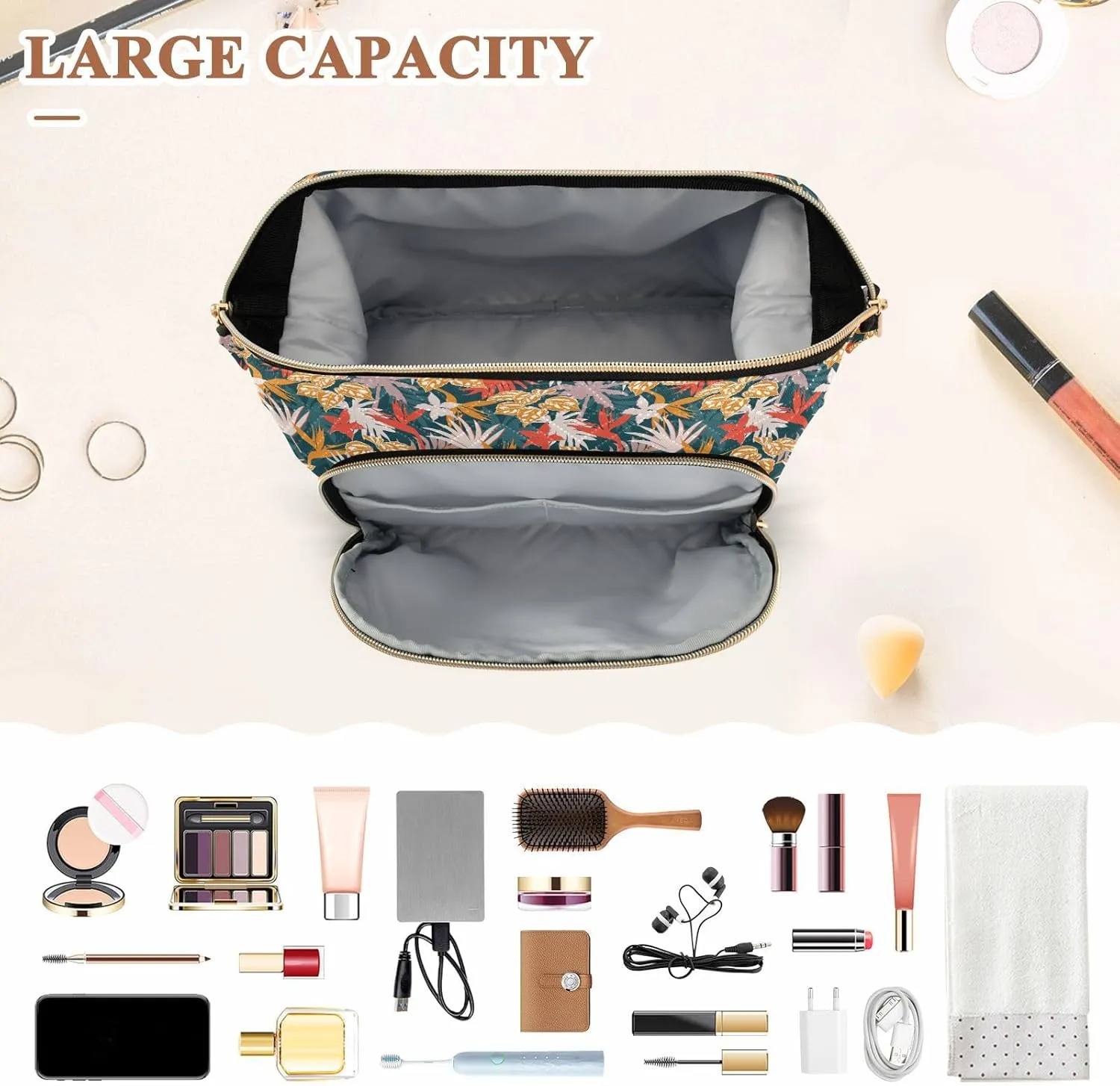 Travel Quilted Makeup Bag Toiletry Organizer Pouch Storage Make Up Bag Large Quilted Cosmetic Bag Wide Open T1