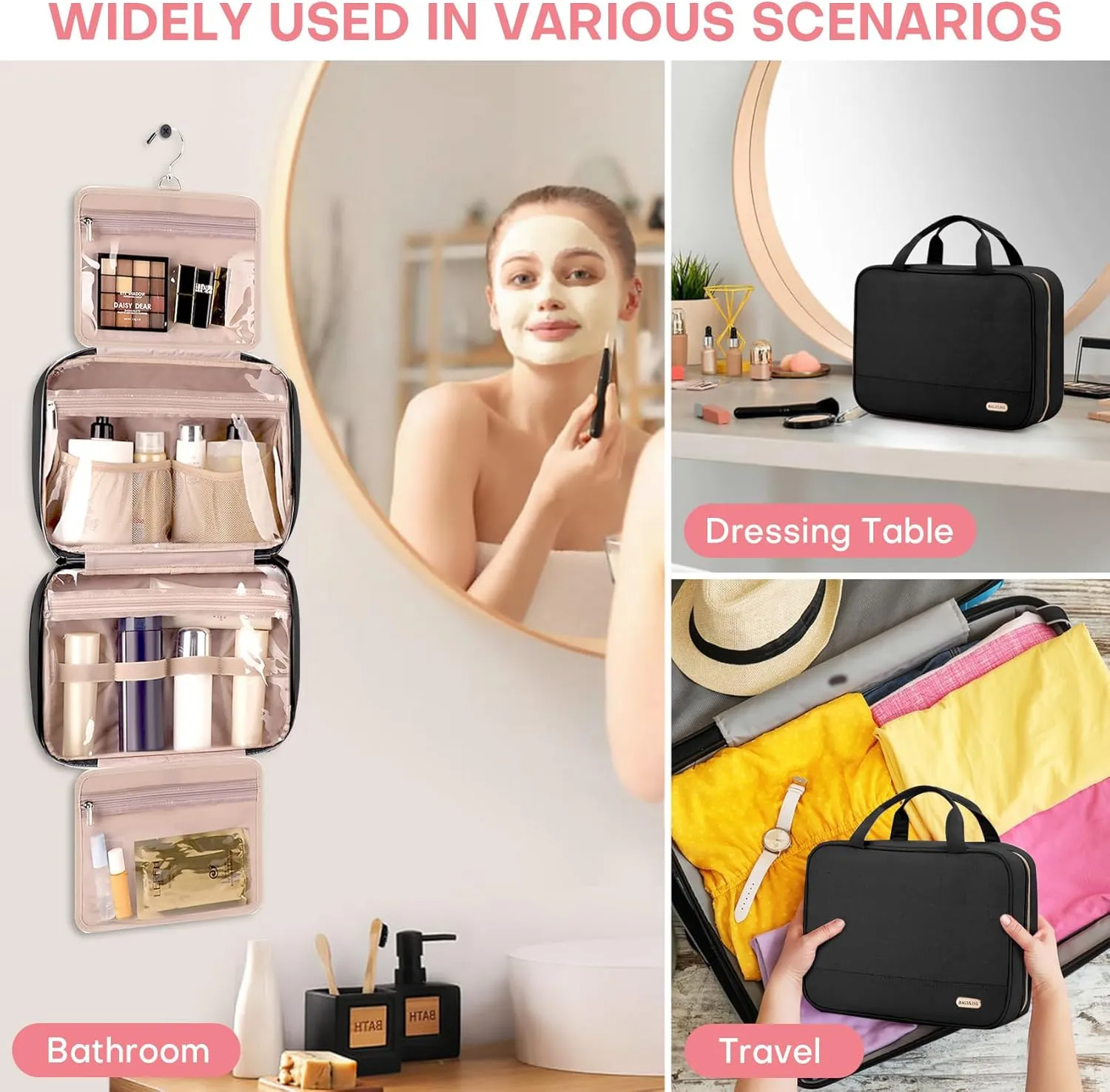 Travel Toiletry Bag for Women with Hanging Hook Traveling Essentials Organizer Water-Resistant Hanging Makeup and Toiletry Bag for Cosmetic Toiletries Make-Up,039-Small-Black