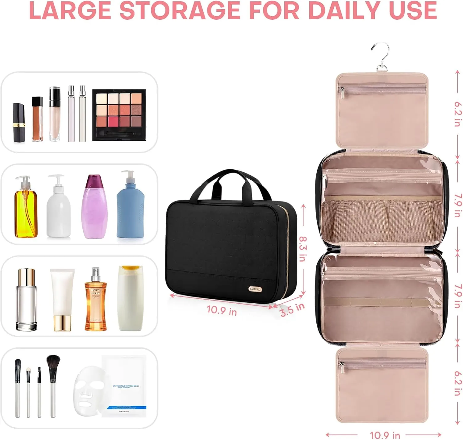 Travel Toiletry Bag for Women with Hanging Hook Traveling Essentials Organizer Water-Resistant Hanging Makeup and Toiletry Bag for Cosmetic Toiletries Make-Up,039-Small-Black