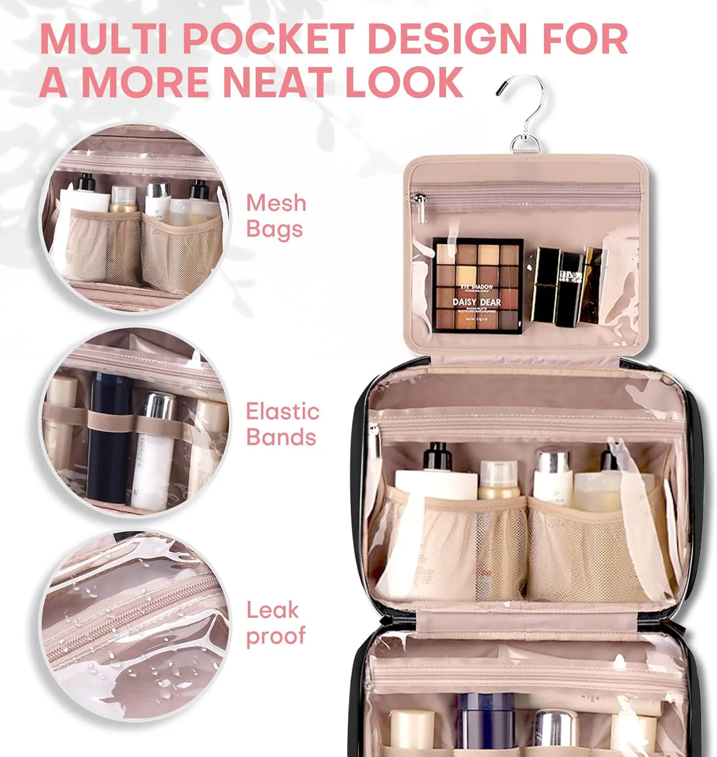 Travel Toiletry Bag for Women with Hanging Hook Traveling Essentials Organizer Water-Resistant Hanging Makeup and Toiletry Bag for Cosmetic Toiletries Make-Up,039-Small-Black