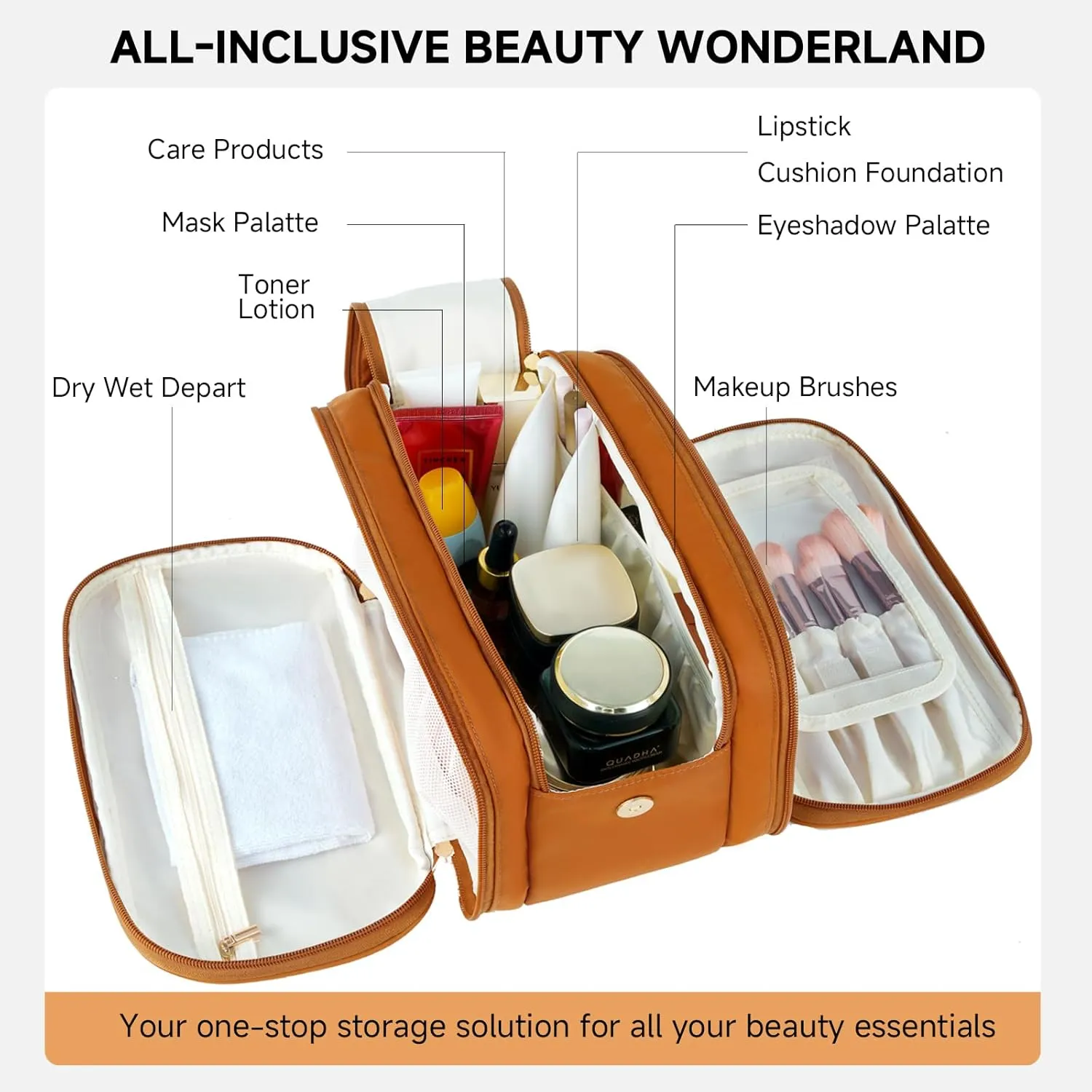 Travel Toiletry Bag, Lightweight Large Wide-open Cosmetic Makeup Bag for Women, Waterproof Skincare Bag with Dry Wet Depart and for Accessories,Essentials, Toiletries (Brown)