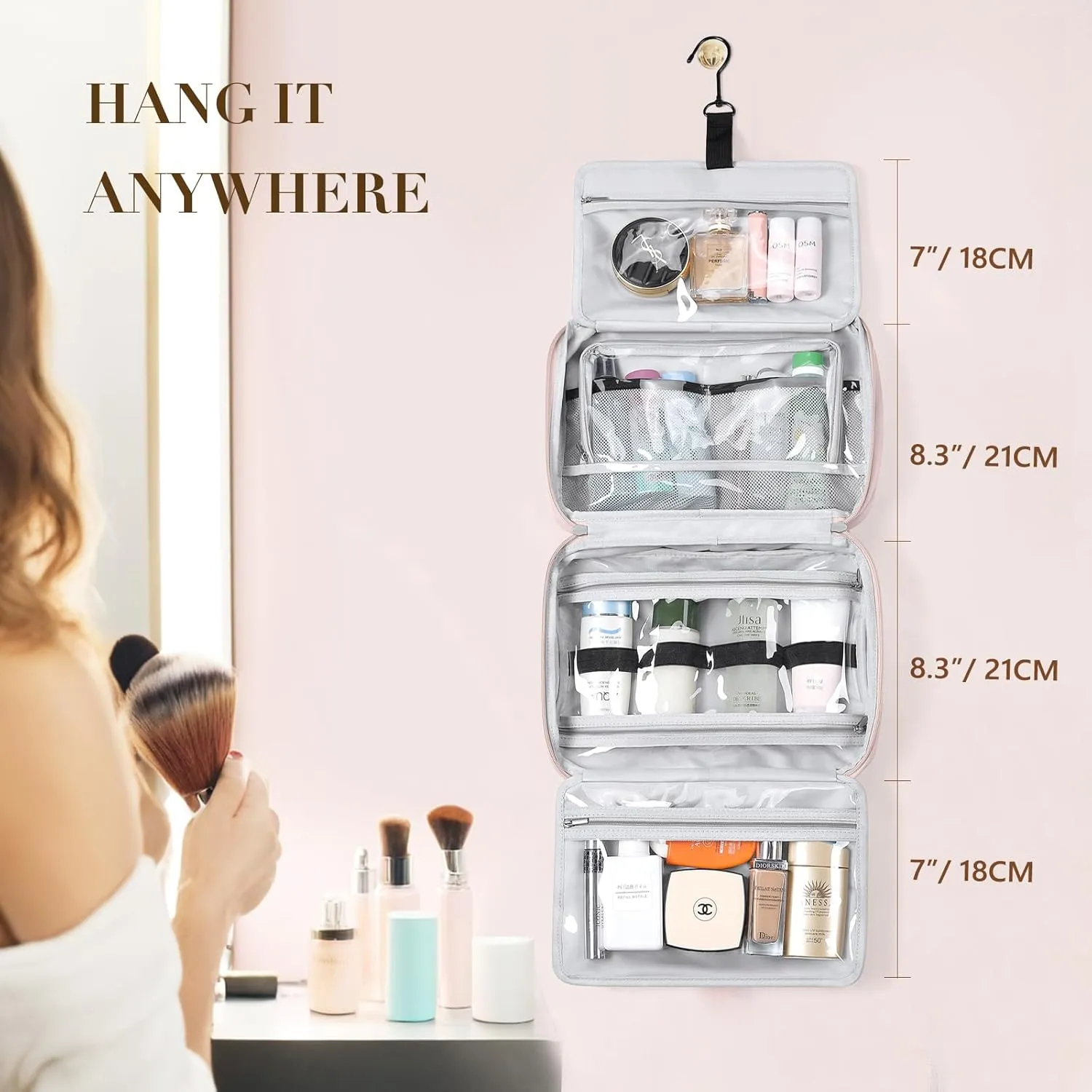 Travel Toiletry Bag,Water-resistant Makeup Cosmetic Bag with Jewelry Organizer Hanging Toiletry Bag for women Trips Camping Bathroom,Smoky Pink