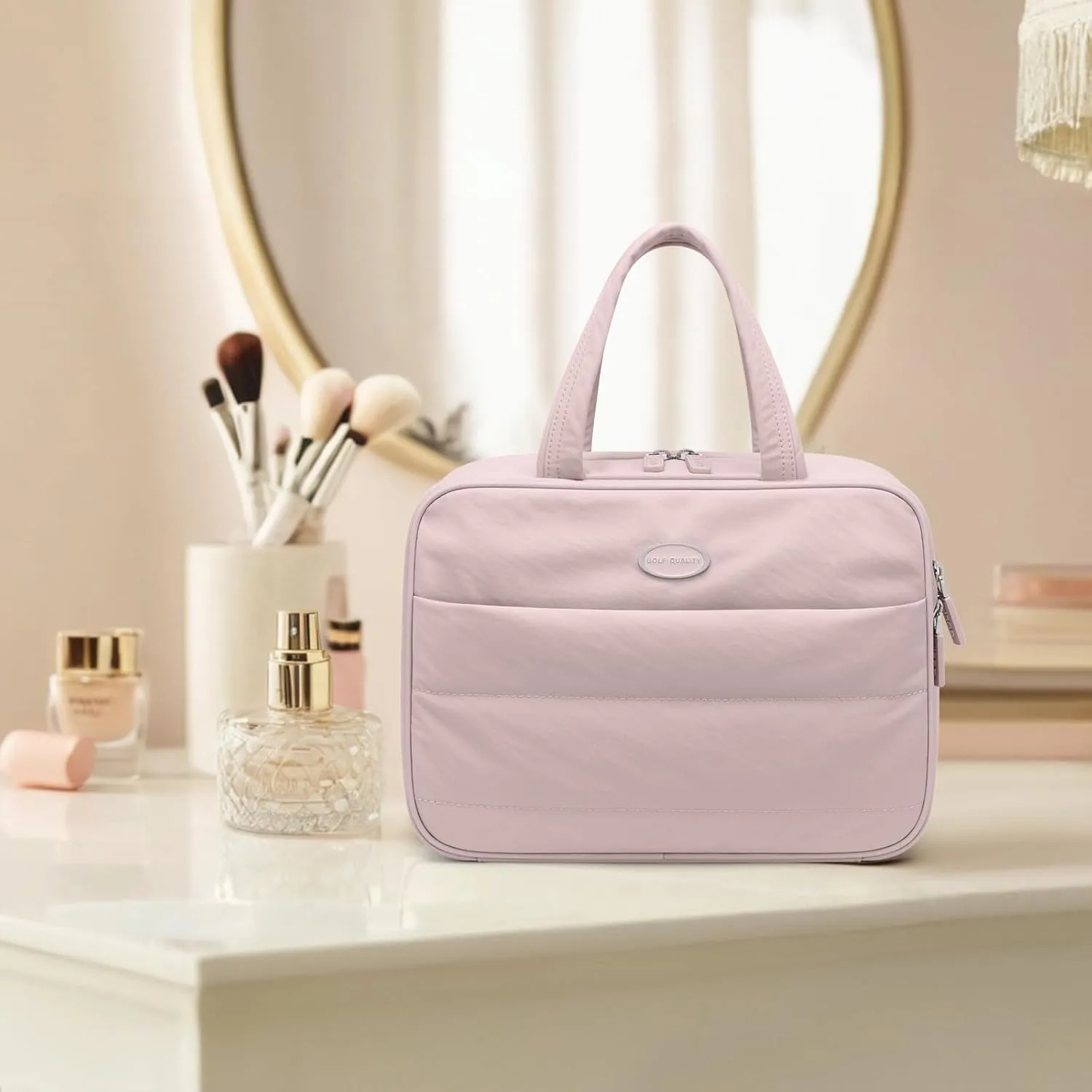 Travel Toiletry Bag,Water-resistant Makeup Cosmetic Bag with Jewelry Organizer Hanging Toiletry Bag for women Trips Camping Bathroom,Smoky Pink