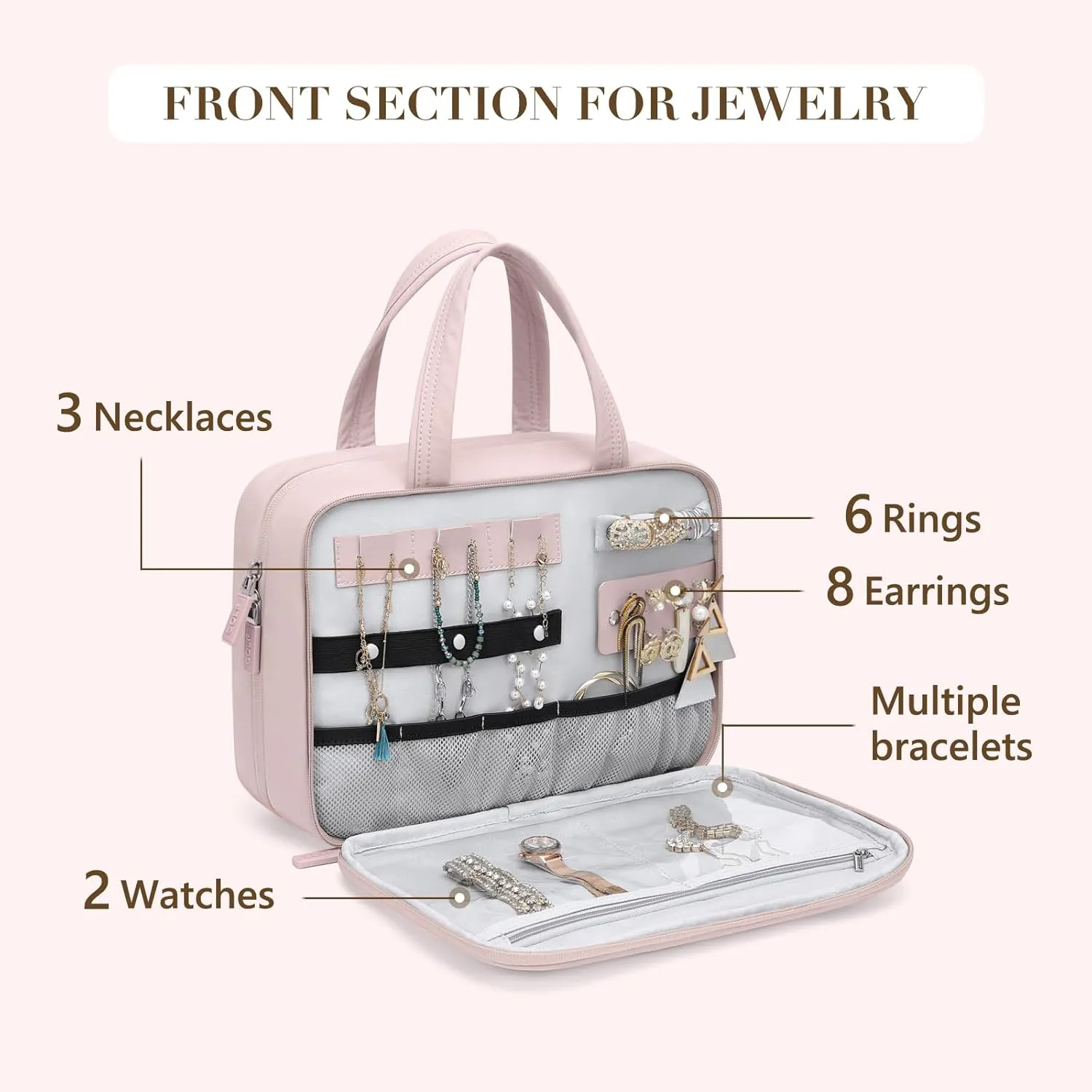 Travel Toiletry Bag,Water-resistant Makeup Cosmetic Bag with Jewelry Organizer Hanging Toiletry Bag for women Trips Camping Bathroom,Smoky Pink