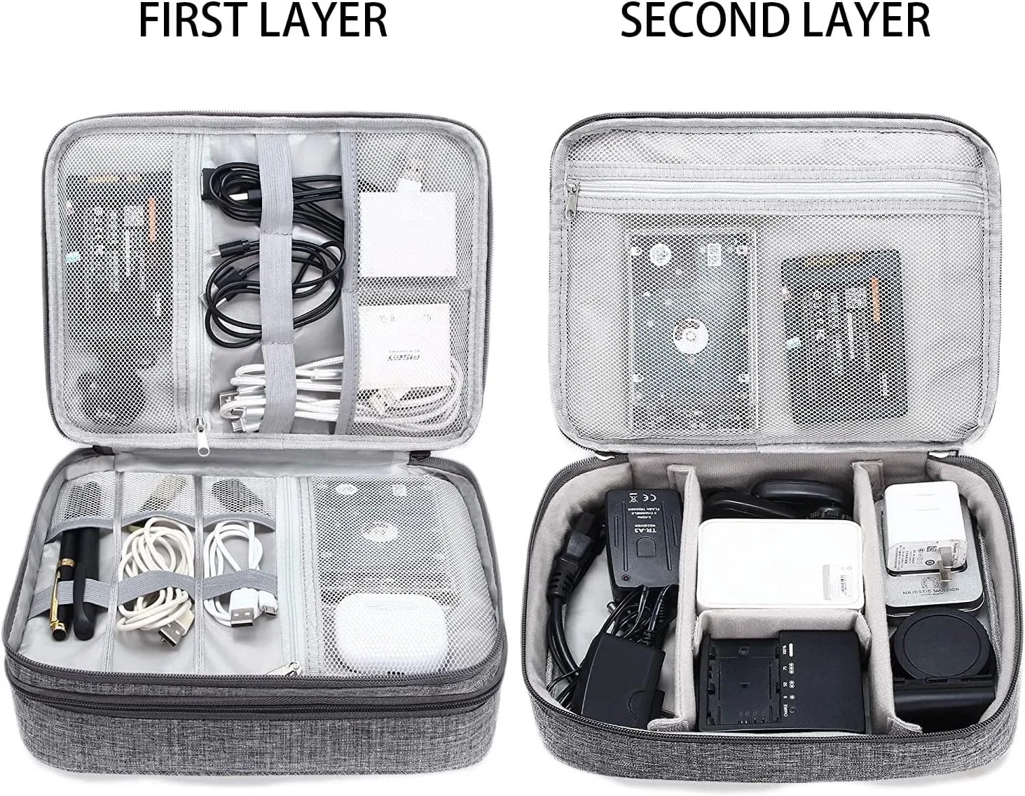 Trawila Electronics Organizer,Double Layer Travel Cable Organizer Bag,Digital Storage Bag Electronic Accessories Case for Cables, Adapters, Chargers, Wires, Flash Disk, Power Bank, Headphone (Grey)