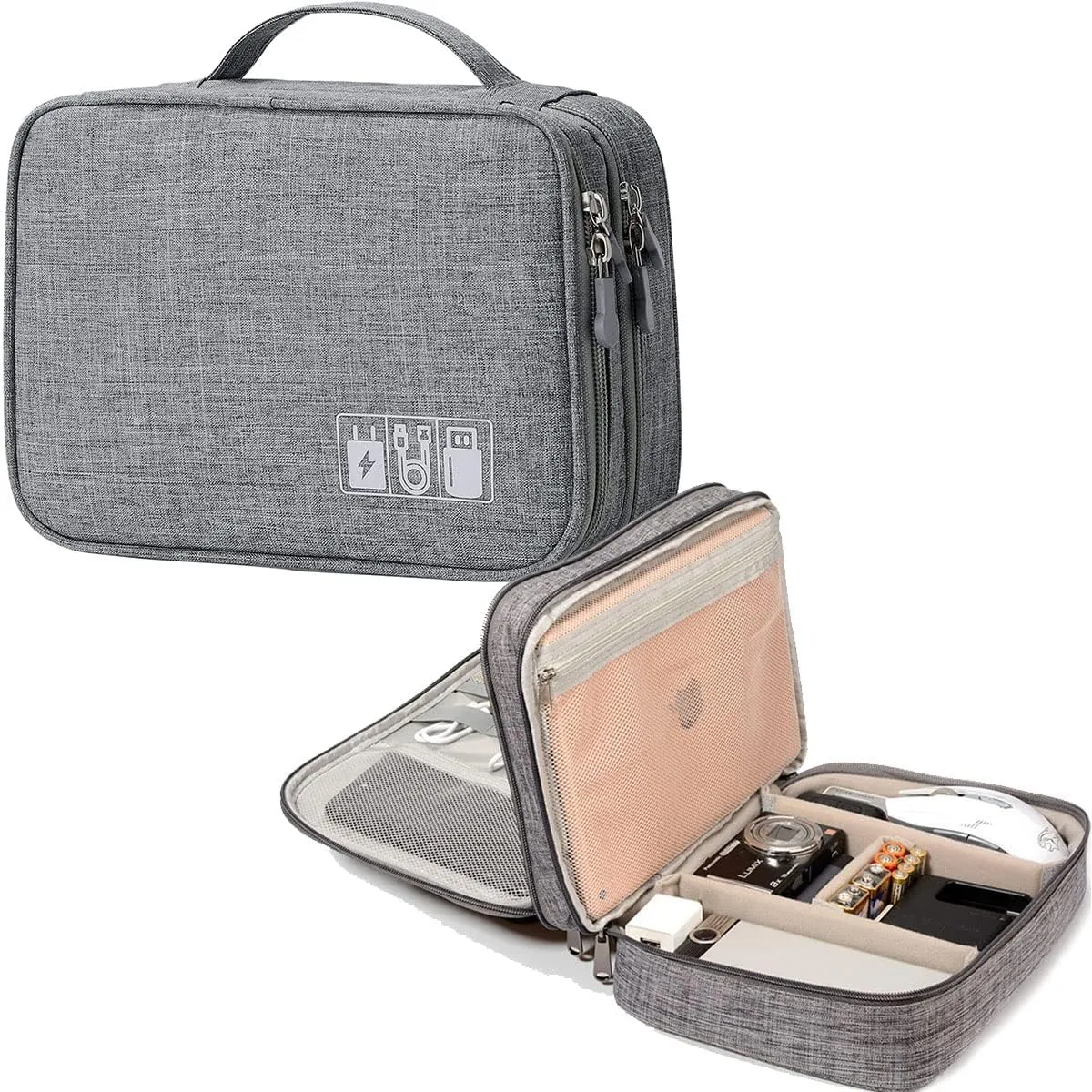 Trawila Electronics Organizer,Double Layer Travel Cable Organizer Bag,Digital Storage Bag Electronic Accessories Case for Cables, Adapters, Chargers, Wires, Flash Disk, Power Bank, Headphone (Grey)