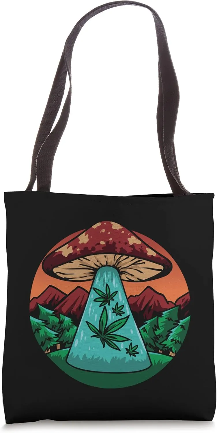 Trippy Mushroom Alien Abduction Of Medicinal Plant Tote Bag