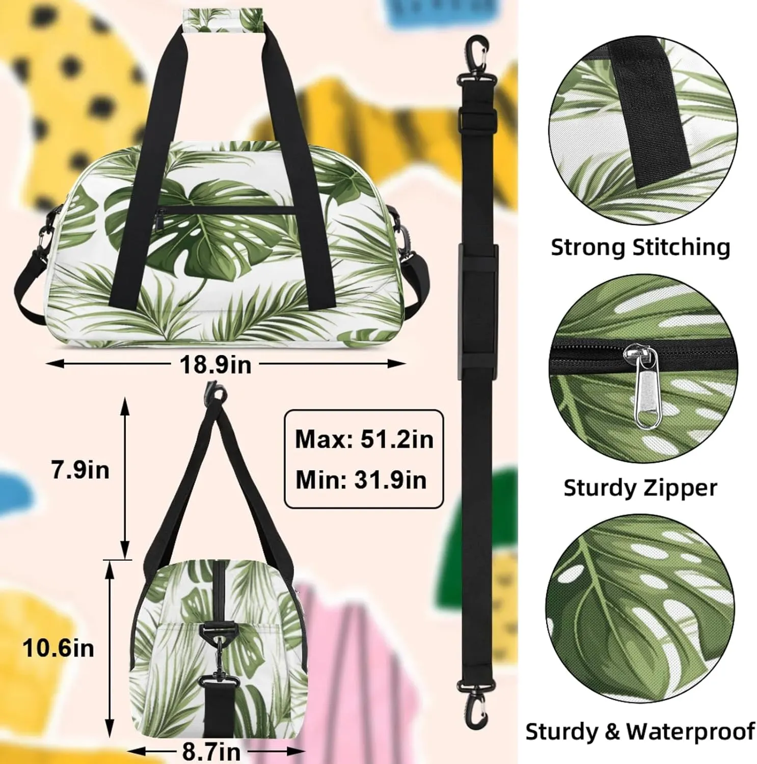Tropical Plant Palm Leaves Small Gym Bag 18 inch Carry On Duffel Bag for Weekender Travel Sports Workout Yoga Gymnastics Dance Ballet