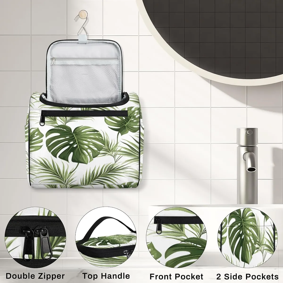 Tropical Plant Palm Leaves Travel Toiletry Bag for Men and Women, Large Hanging Makeup Bag Organizer Toiletries Bag for Travel, Cosmetic Bag with Handle