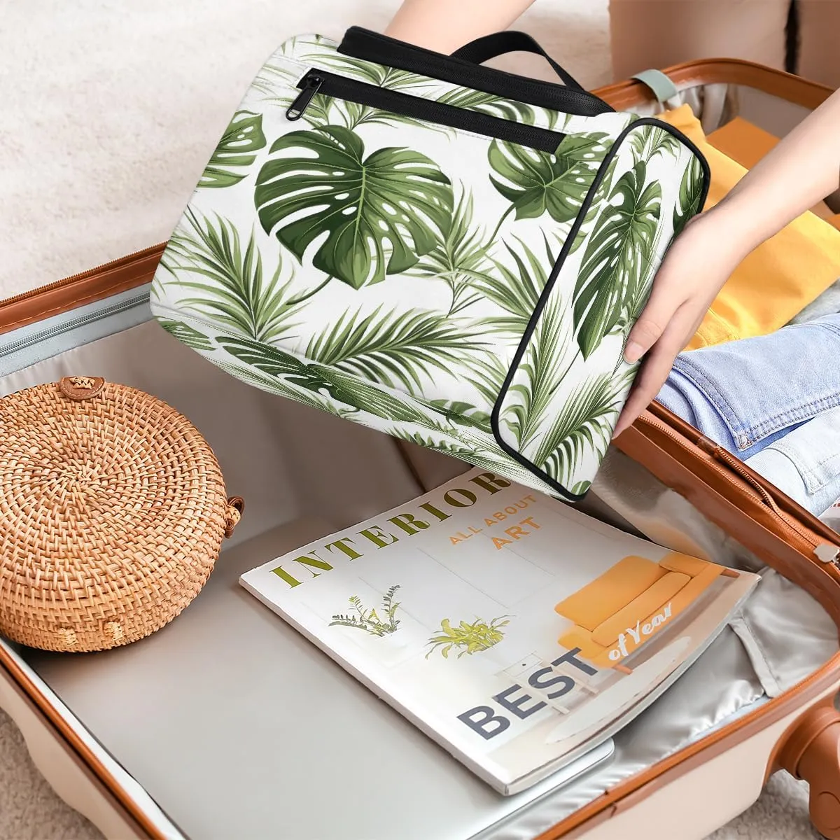 Tropical Plant Palm Leaves Travel Toiletry Bag for Men and Women, Large Hanging Makeup Bag Organizer Toiletries Bag for Travel, Cosmetic Bag with Handle