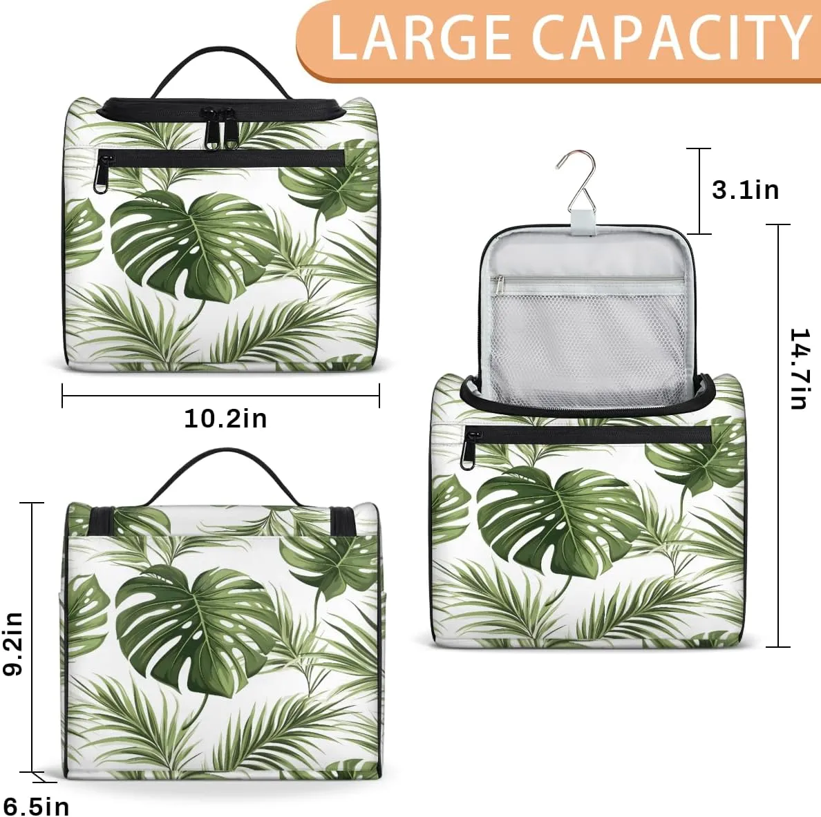 Tropical Plant Palm Leaves Travel Toiletry Bag for Men and Women, Large Hanging Makeup Bag Organizer Toiletries Bag for Travel, Cosmetic Bag with Handle