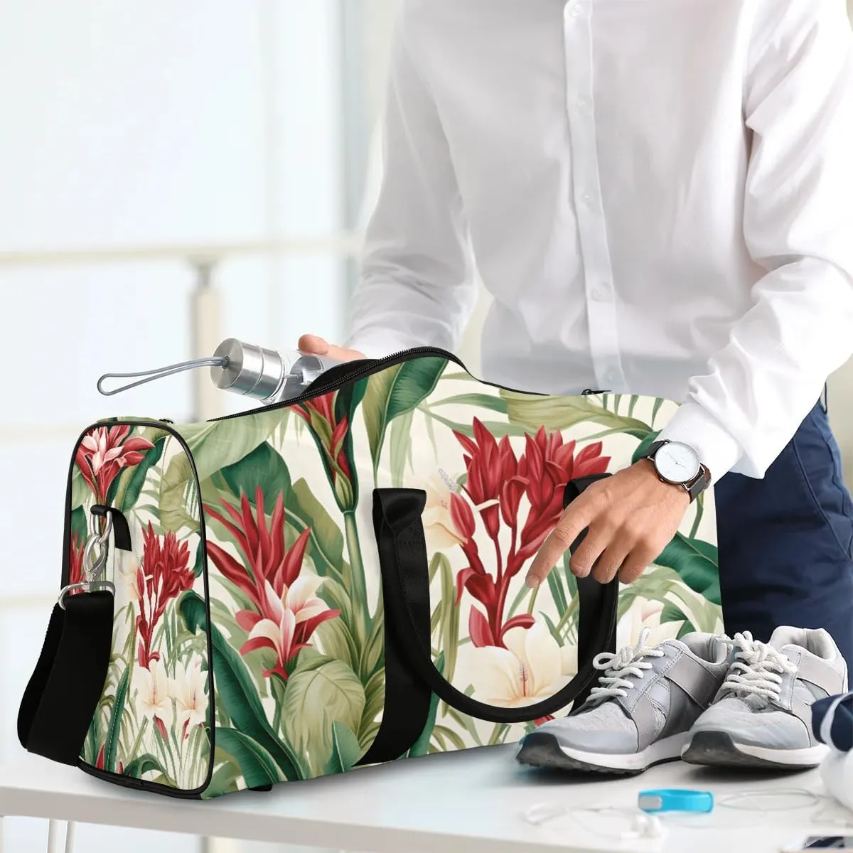 Tropical Woods Plant Palm Tree Flower Travel Duffel Bag for Women Men Waterproof Foldable Overnight Weekender Bag Large Capacity Sports Gym Bag