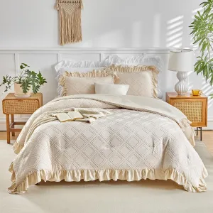 Tufted Ruffle Comforter Set Twin Size, 3 Pieces Beige Ruffled Farmhouse Comforters, Luxury Solid Color Soft and Embroidery Shabby Chic Boho Bohemian Bedding Set for Kids(1 Comforter   2 Pillowcases)