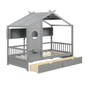 Twin Size House Bed with 2 Storage Drawers and Fence Guardrails-Gray - Color: Gr