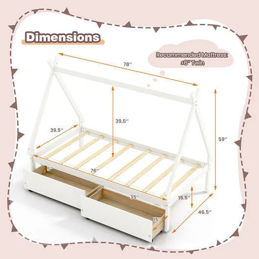 Twin Size Wooden Tent Platform House Bed with 2 Drawers-White - Color: White - S