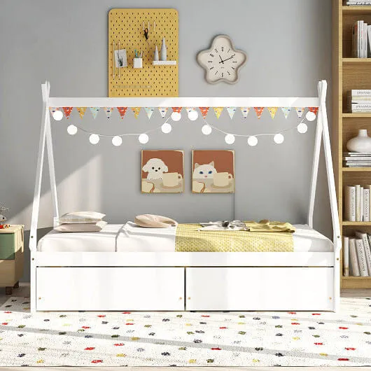 Twin Size Wooden Tent Platform House Bed with 2 Drawers-White - Color: White - S