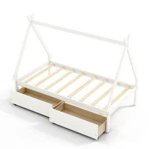 Twin Size Wooden Tent Platform House Bed with 2 Drawers-White - Color: White - S