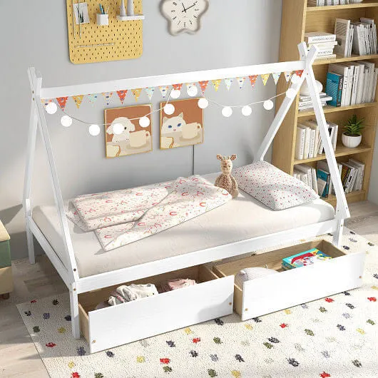Twin Size Wooden Tent Platform House Bed with 2 Drawers-White - Color: White - S