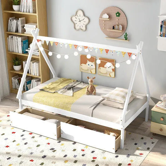 Twin Size Wooden Tent Platform House Bed with 2 Drawers-White - Color: White - S