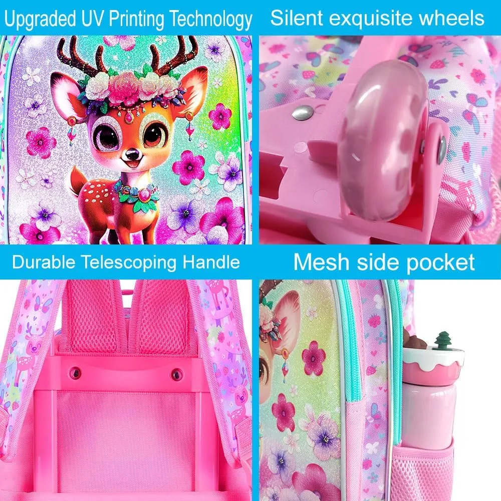 UFNDC 4PCS Girls Backpack with Wheels, Cute Kids Deer Wheeled Bookbag，Roller School Bag with Wheels for Elementary Preschool Travel