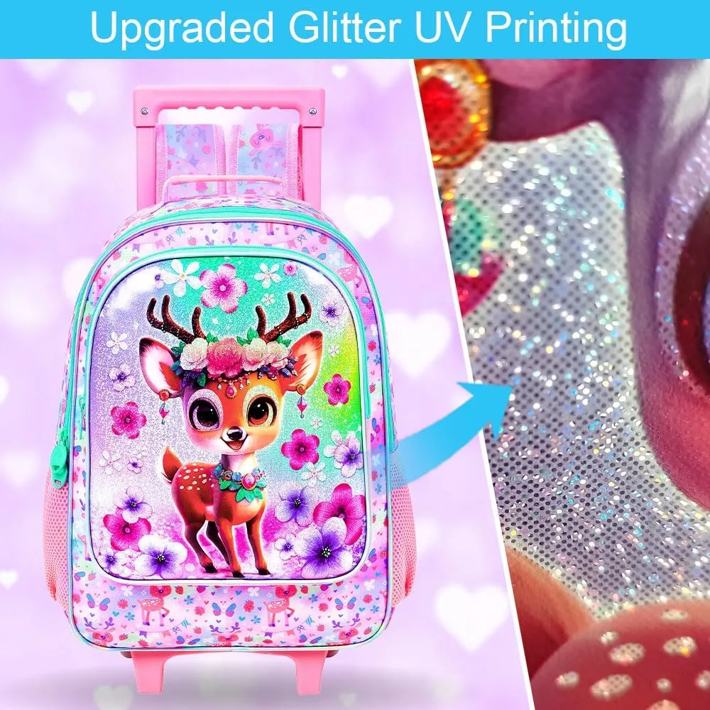 UFNDC 4PCS Girls Backpack with Wheels, Cute Kids Deer Wheeled Bookbag，Roller School Bag with Wheels for Elementary Preschool Travel