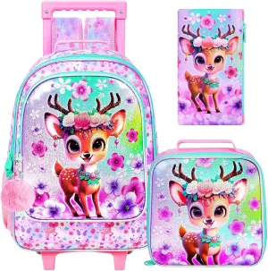 UFNDC 4PCS Girls Backpack with Wheels, Cute Kids Deer Wheeled Bookbag，Roller School Bag with Wheels for Elementary Preschool Travel