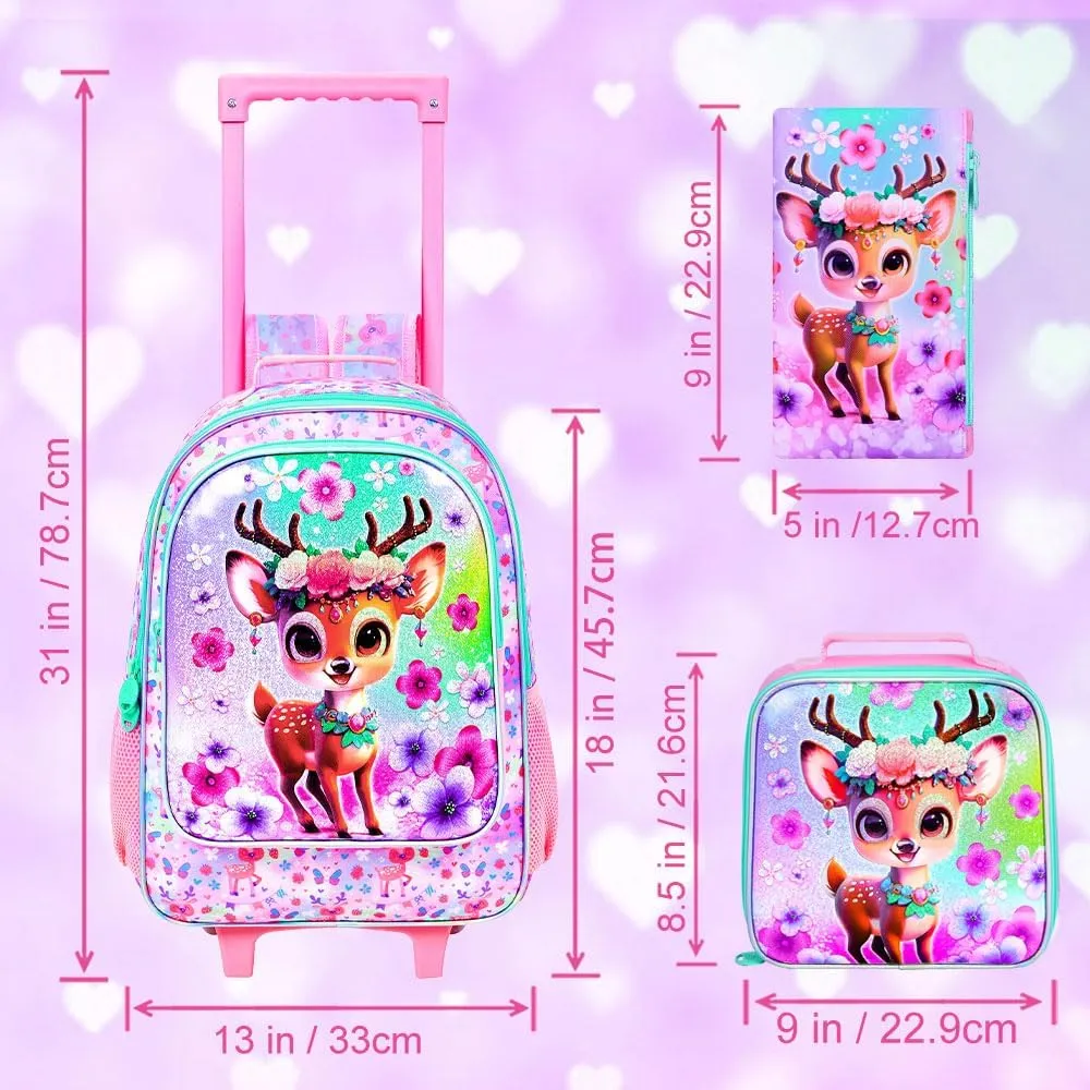 UFNDC 4PCS Girls Backpack with Wheels, Cute Kids Deer Wheeled Bookbag，Roller School Bag with Wheels for Elementary Preschool Travel