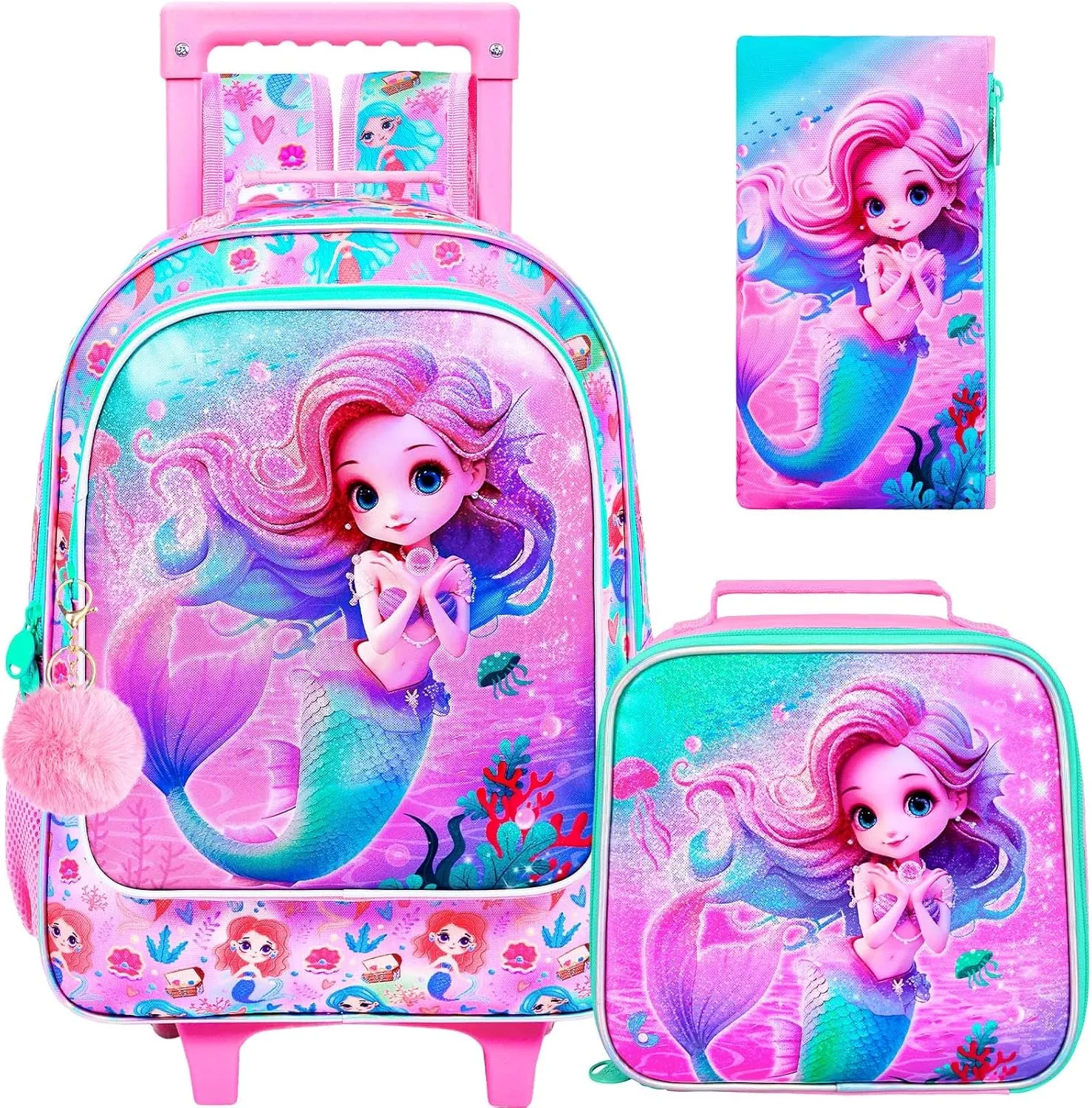 UFNDC 4PCS Girls Rolling Backpack, Cute Kids Mermaid Wheeled Bookbag，Roller School Bag with Wheels for Elementary Preschool Travel