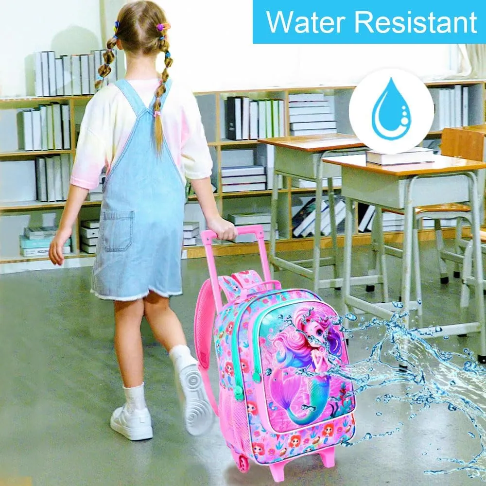 UFNDC 4PCS Girls Rolling Backpack, Cute Kids Mermaid Wheeled Bookbag，Roller School Bag with Wheels for Elementary Preschool Travel