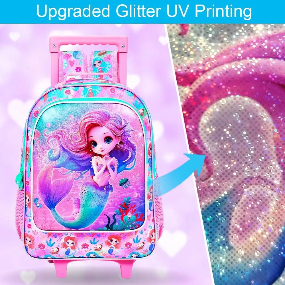 UFNDC 4PCS Girls Rolling Backpack, Cute Kids Mermaid Wheeled Bookbag，Roller School Bag with Wheels for Elementary Preschool Travel