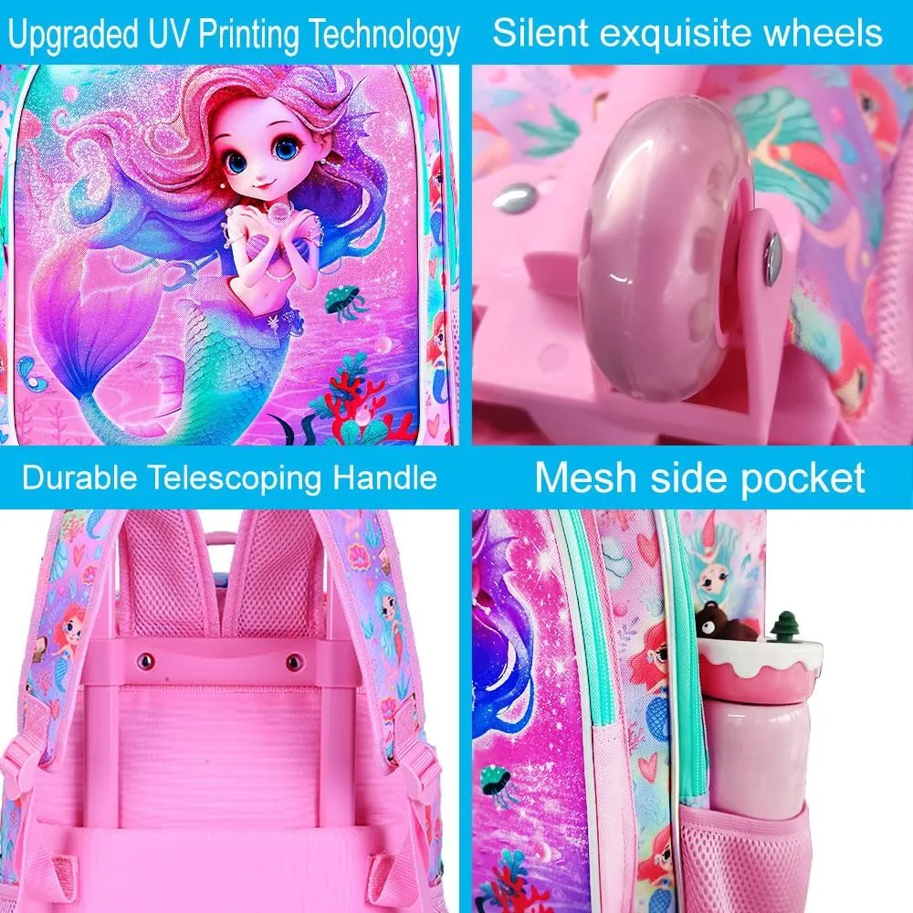 UFNDC 4PCS Girls Rolling Backpack, Cute Kids Mermaid Wheeled Bookbag，Roller School Bag with Wheels for Elementary Preschool Travel