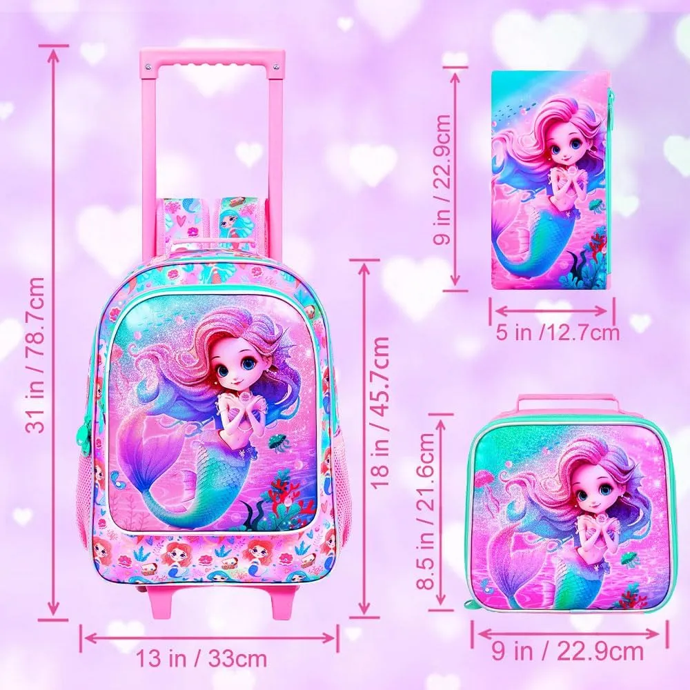 UFNDC 4PCS Girls Rolling Backpack, Cute Kids Mermaid Wheeled Bookbag，Roller School Bag with Wheels for Elementary Preschool Travel