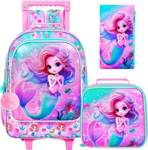 UFNDC 4PCS Girls Rolling Backpack, Cute Kids Mermaid Wheeled Bookbag，Roller School Bag with Wheels for Elementary Preschool Travel