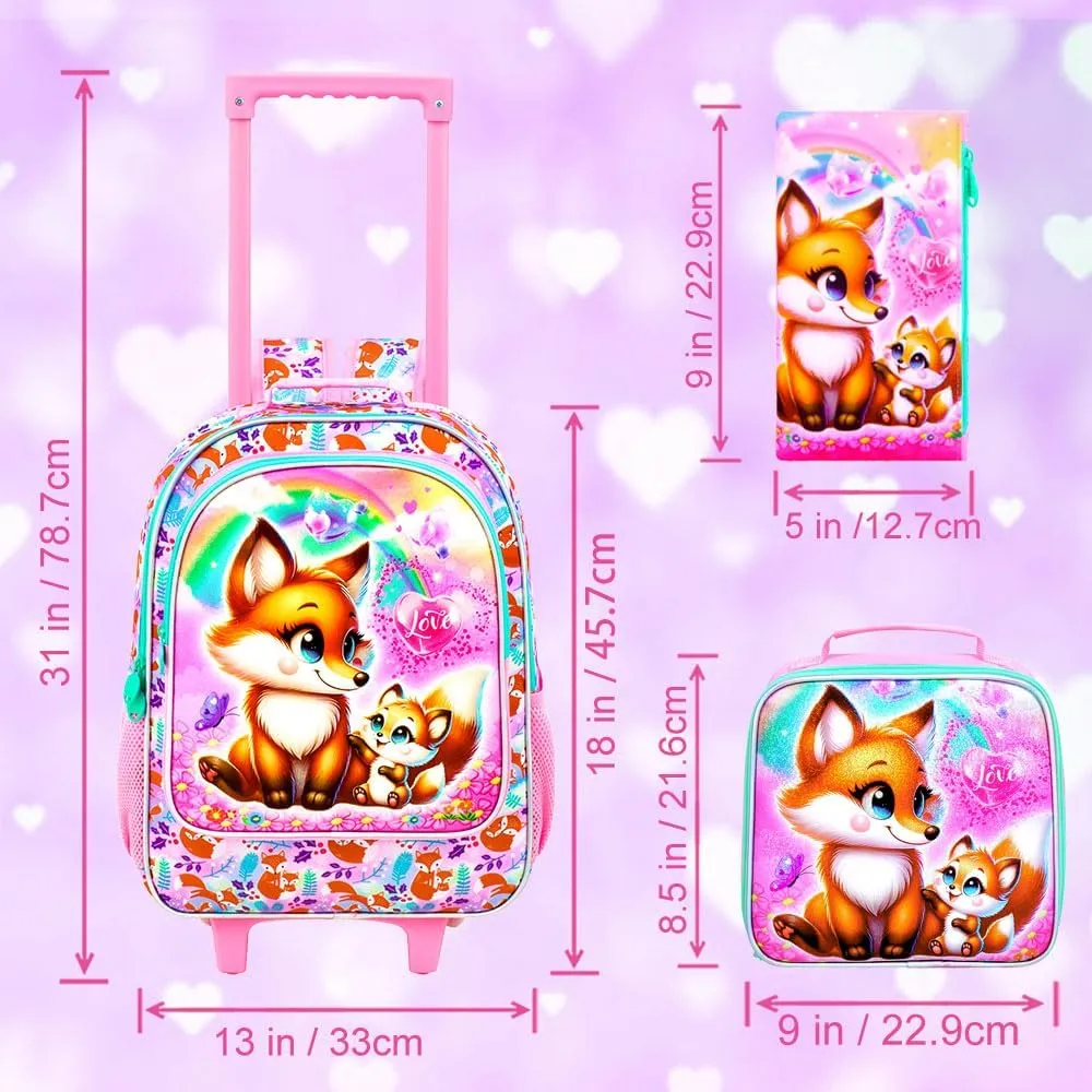 UFNDC 4PCS Girls Rolling Bookbag, Cute Kids Fox Wheeled Backpack，Roller School Bag with Wheels for Elementary Preschool Travel