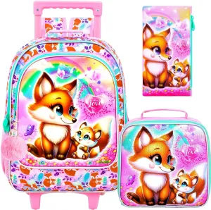 UFNDC 4PCS Girls Rolling Bookbag, Cute Kids Fox Wheeled Backpack，Roller School Bag with Wheels for Elementary Preschool Travel