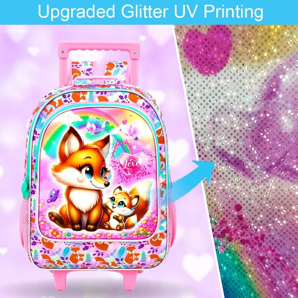 UFNDC 4PCS Girls Rolling Bookbag, Cute Kids Fox Wheeled Backpack，Roller School Bag with Wheels for Elementary Preschool Travel