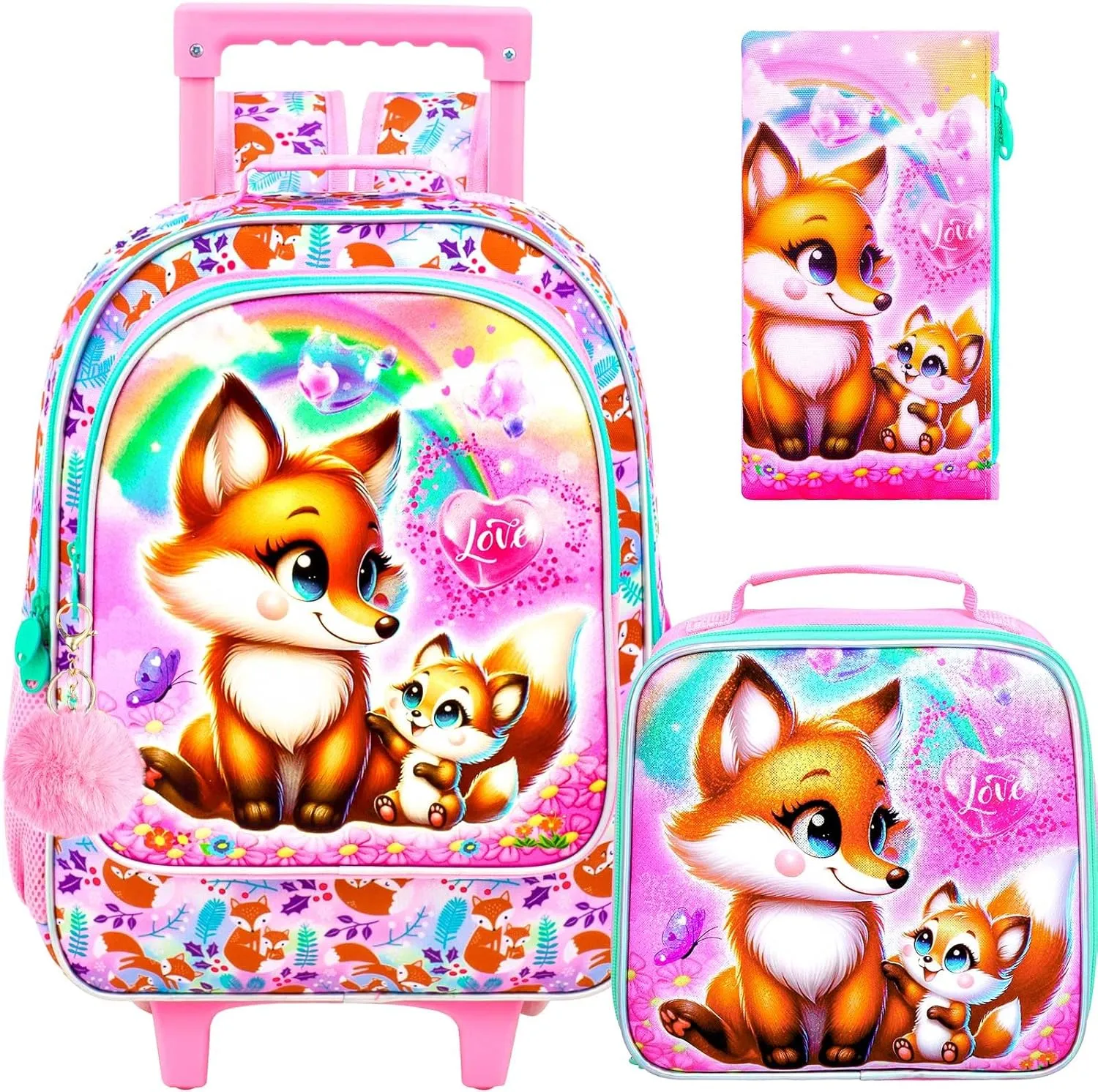 UFNDC 4PCS Girls Rolling Bookbag, Cute Kids Fox Wheeled Backpack，Roller School Bag with Wheels for Elementary Preschool Travel