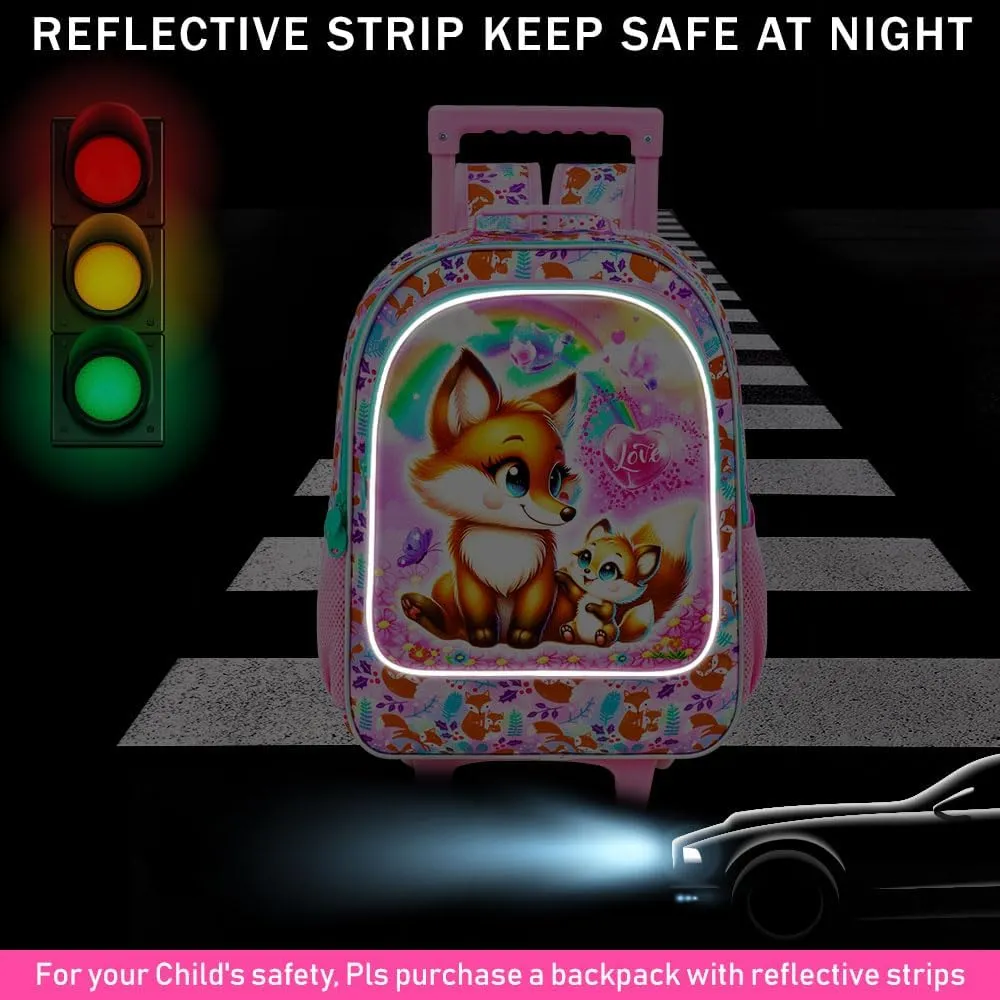 UFNDC 4PCS Girls Rolling Bookbag, Cute Kids Fox Wheeled Backpack，Roller School Bag with Wheels for Elementary Preschool Travel