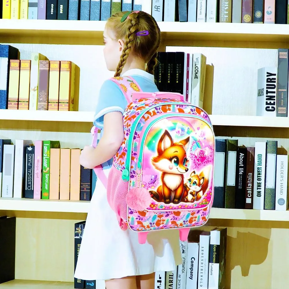 UFNDC 4PCS Girls Rolling Bookbag, Cute Kids Fox Wheeled Backpack，Roller School Bag with Wheels for Elementary Preschool Travel