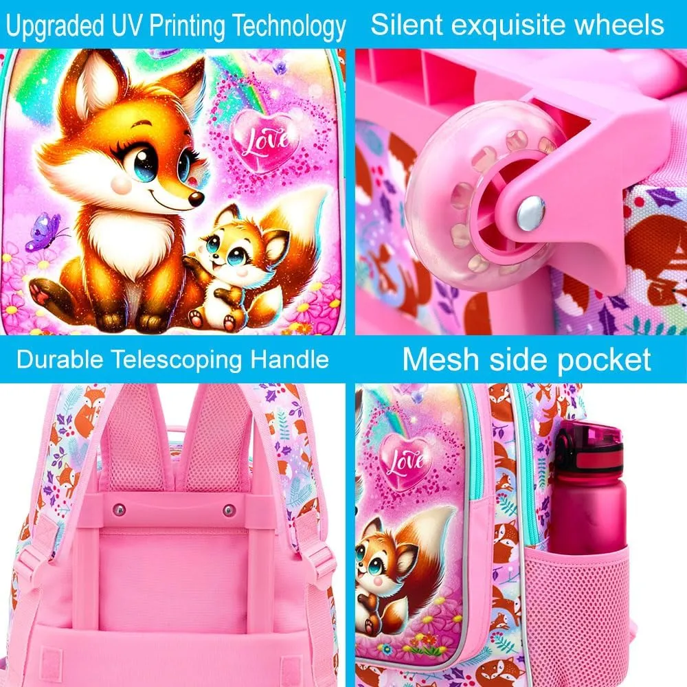 UFNDC 4PCS Girls Rolling Bookbag, Cute Kids Fox Wheeled Backpack，Roller School Bag with Wheels for Elementary Preschool Travel
