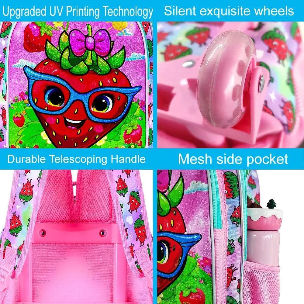 UFNDC 4PCS Girls Rolling Bookbag, Cute Kids Strawberry Wheeled Backpack，Roller School Bag with Wheels for Elementary Preschool Travel