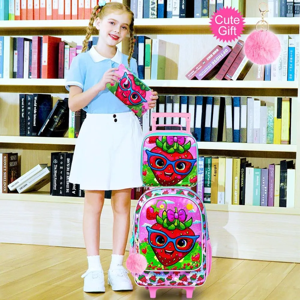 UFNDC 4PCS Girls Rolling Bookbag, Cute Kids Strawberry Wheeled Backpack，Roller School Bag with Wheels for Elementary Preschool Travel