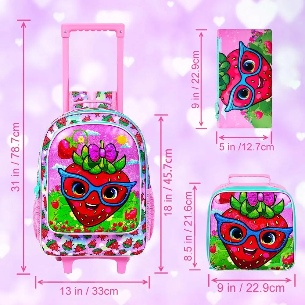 UFNDC 4PCS Girls Rolling Bookbag, Cute Kids Strawberry Wheeled Backpack，Roller School Bag with Wheels for Elementary Preschool Travel