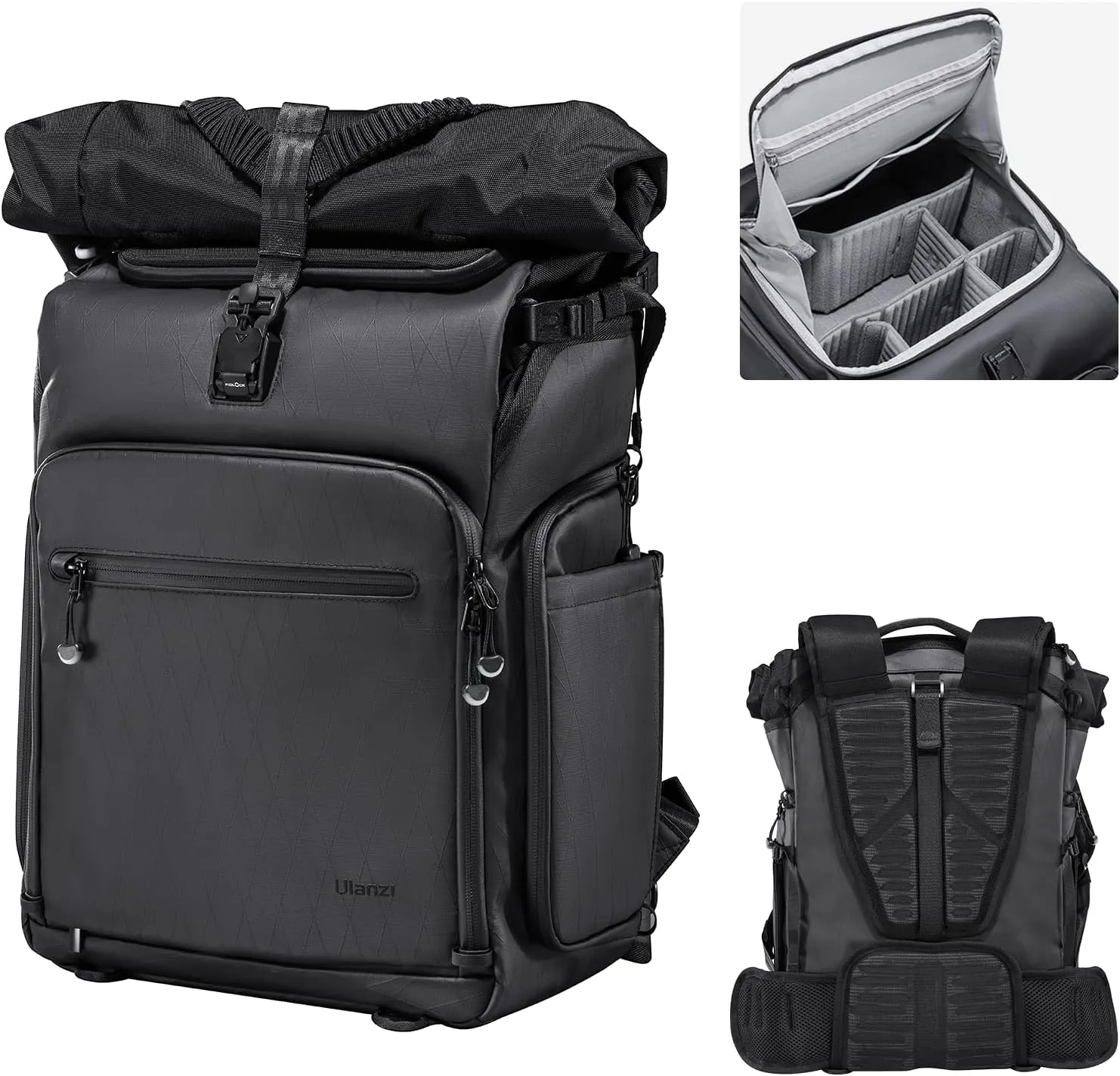 ULANZI B001 Rolltop Camera Backpack, 32.64L Professional Splash-proof Photography Camera Case Travel Business 2 in 1, f Photographers Unisex DSLR Mirrorless Camera Lens Tripod Holder 16'' Laptop Black