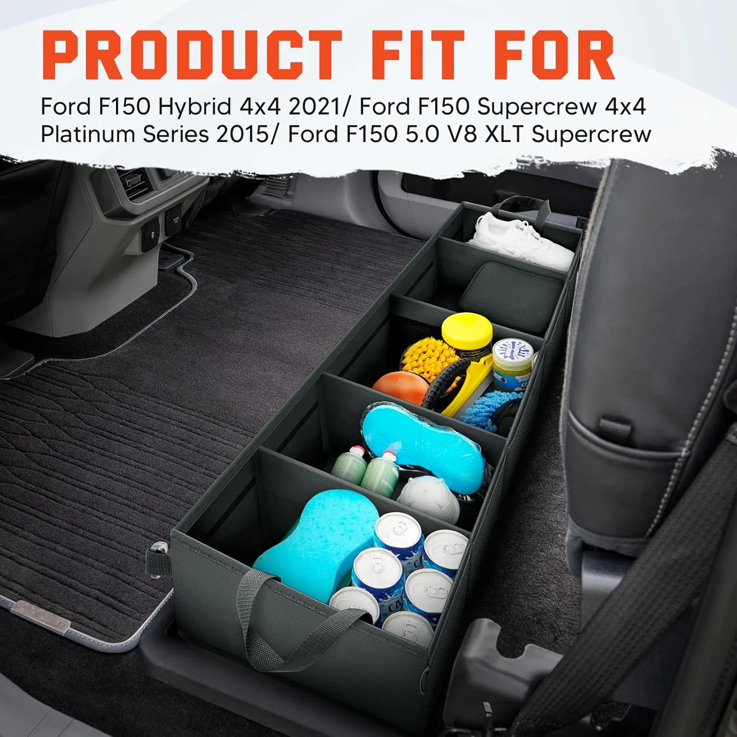 Under Seat Storage - Truck Underseat Tool Box Organizer with 3 Removable Dividers for 2015-2025 Ford F150 SuperCrew Cab & Crew Cab 2017-2024 F250 F350 F450 F550 Super Duty Under bench Storage