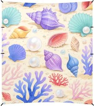 Under Water Animal Shell Coral Colorful Foldable Beach Canopy UPF50  Waterproof Outdoor Sun Shade Includes Sand Shovel, Sandbags, Stability Poles for Camping, Picnics, Backyard